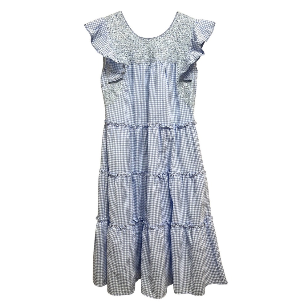 J. Marie Gingham Maxi Dress Women S Blue Embroidered Tiered Ruffle Prairie Boho